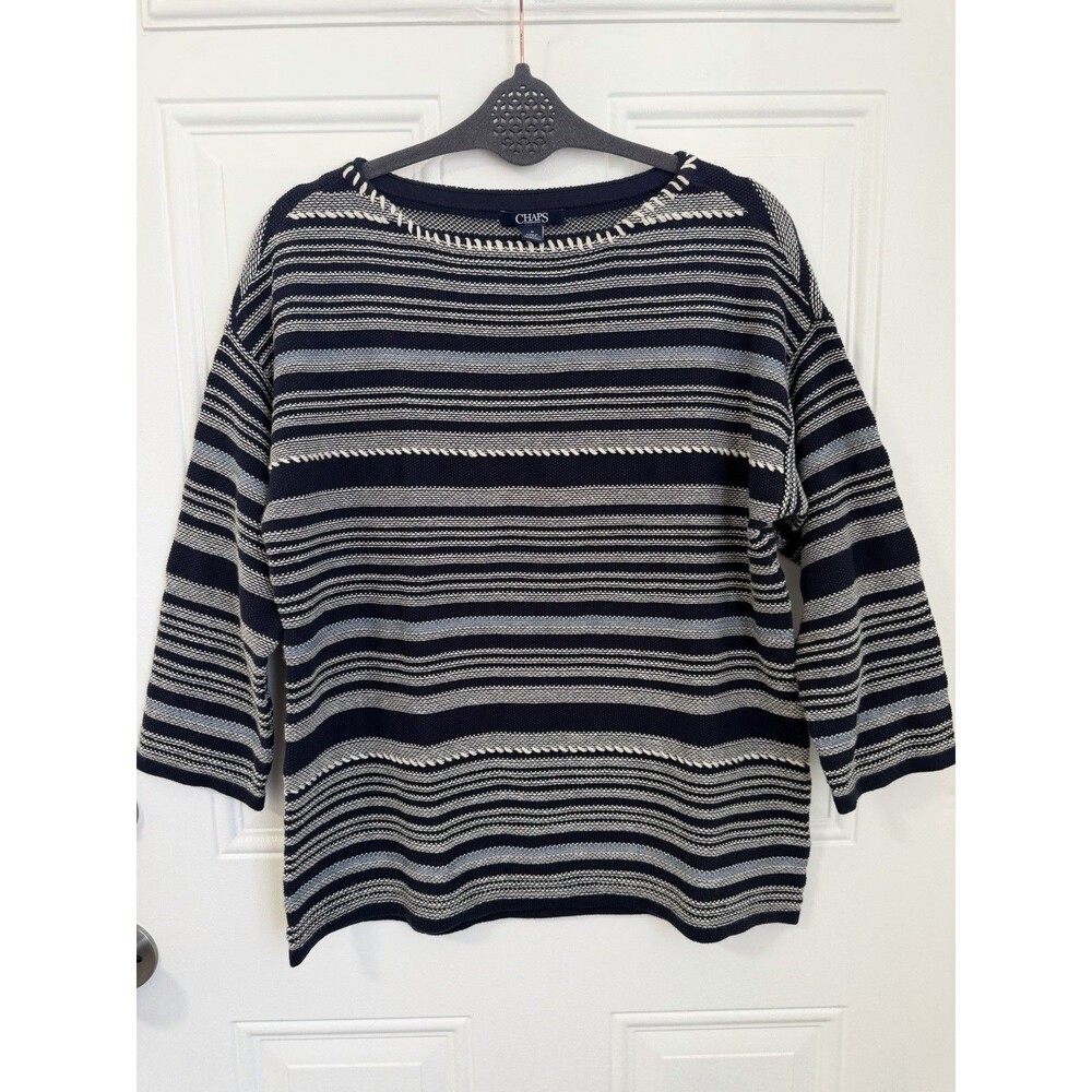 Chaps Ralph Lauren Womens M Blue White Striped Knit Sweater Crewneck